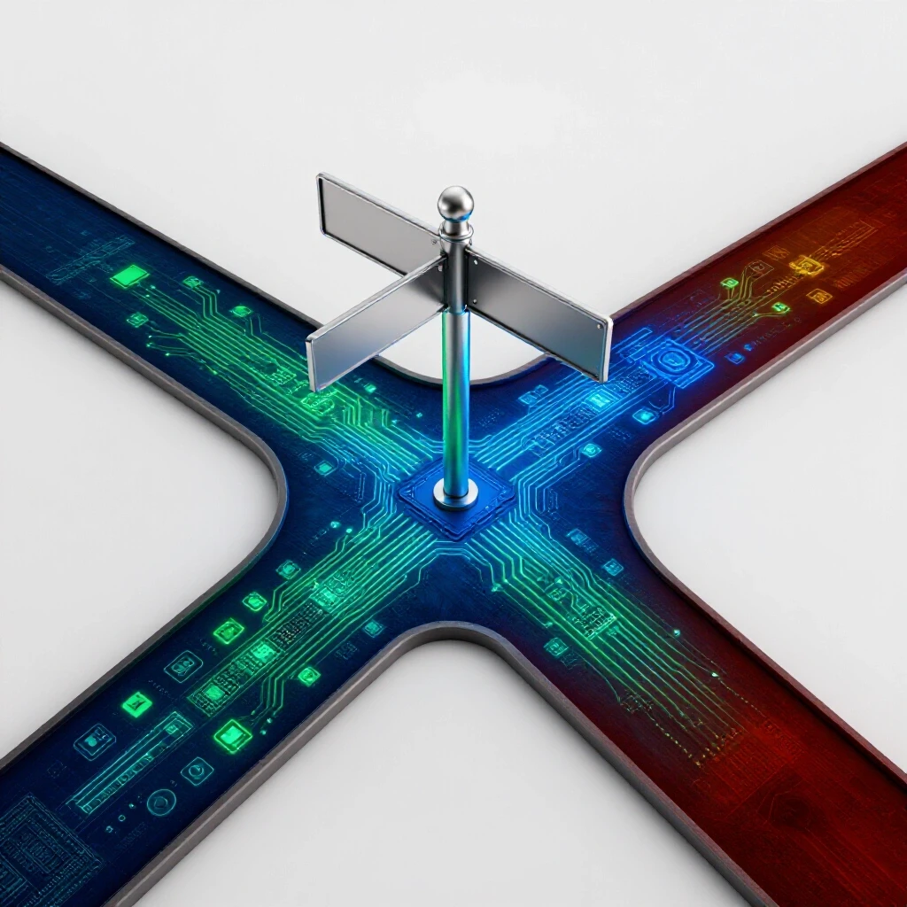 A metallic signpost at a crossroads with one path lined by glowing computer components, the other path shadowed and uncertain, set in a bright studio environment.