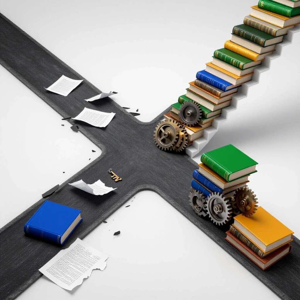 Crossroads scene with a broken path scattered with test papers leading to a bright staircase lined with books and gears.