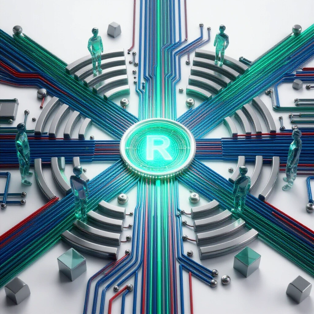 A luminous circuit maze with glowing abbreviations at the center, surrounded by abstract glass-like figures symbolizing curiosity and decoding in computer science.