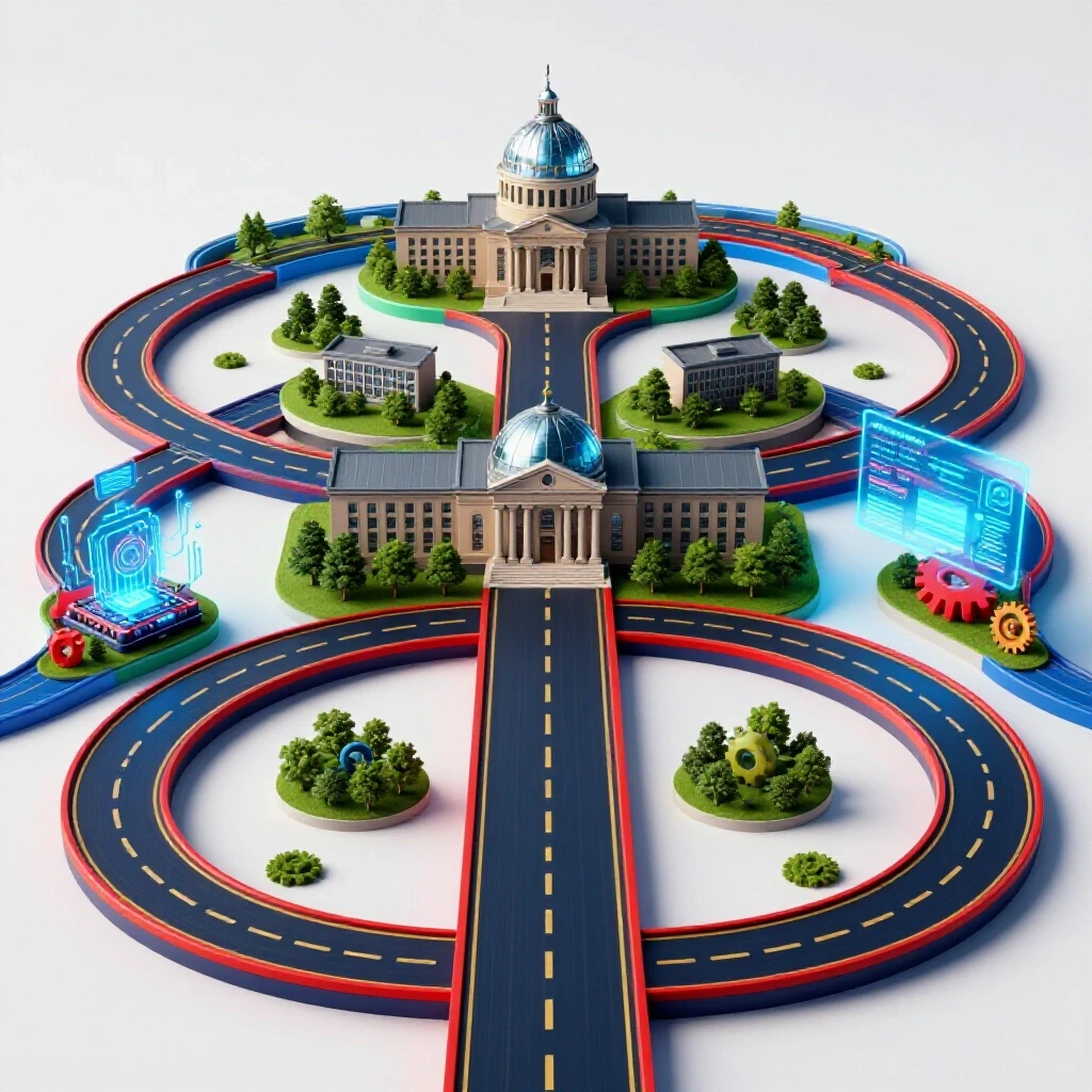Central path splitting toward academic buildings and vibrant tech scenes on a bright white background.