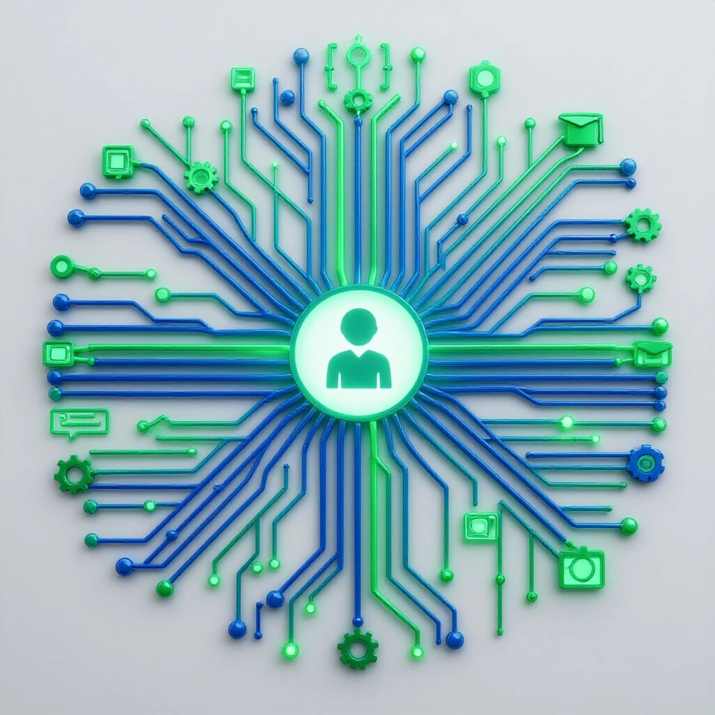 A centered network of glowing blue and green circuits branching into career path icons on a bright background.