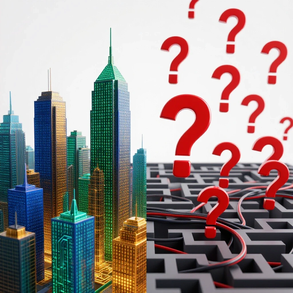 Split scene showing a futuristic coded city and a tangled wire maze with question marks representing computer science pros and cons.