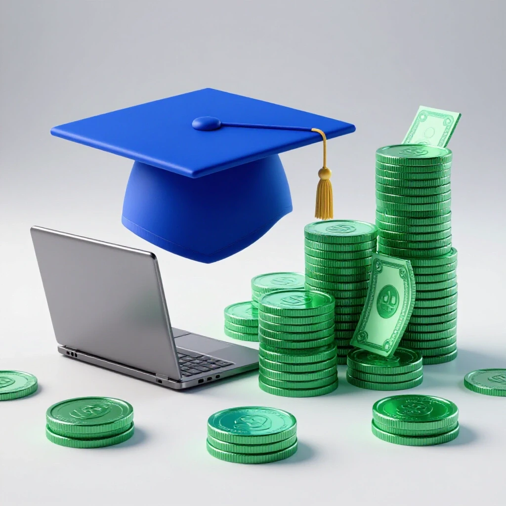 Split scene with a graduation cap and laptop on one side, rising stack of green coins and bills on the other, symbolizing degree payoff