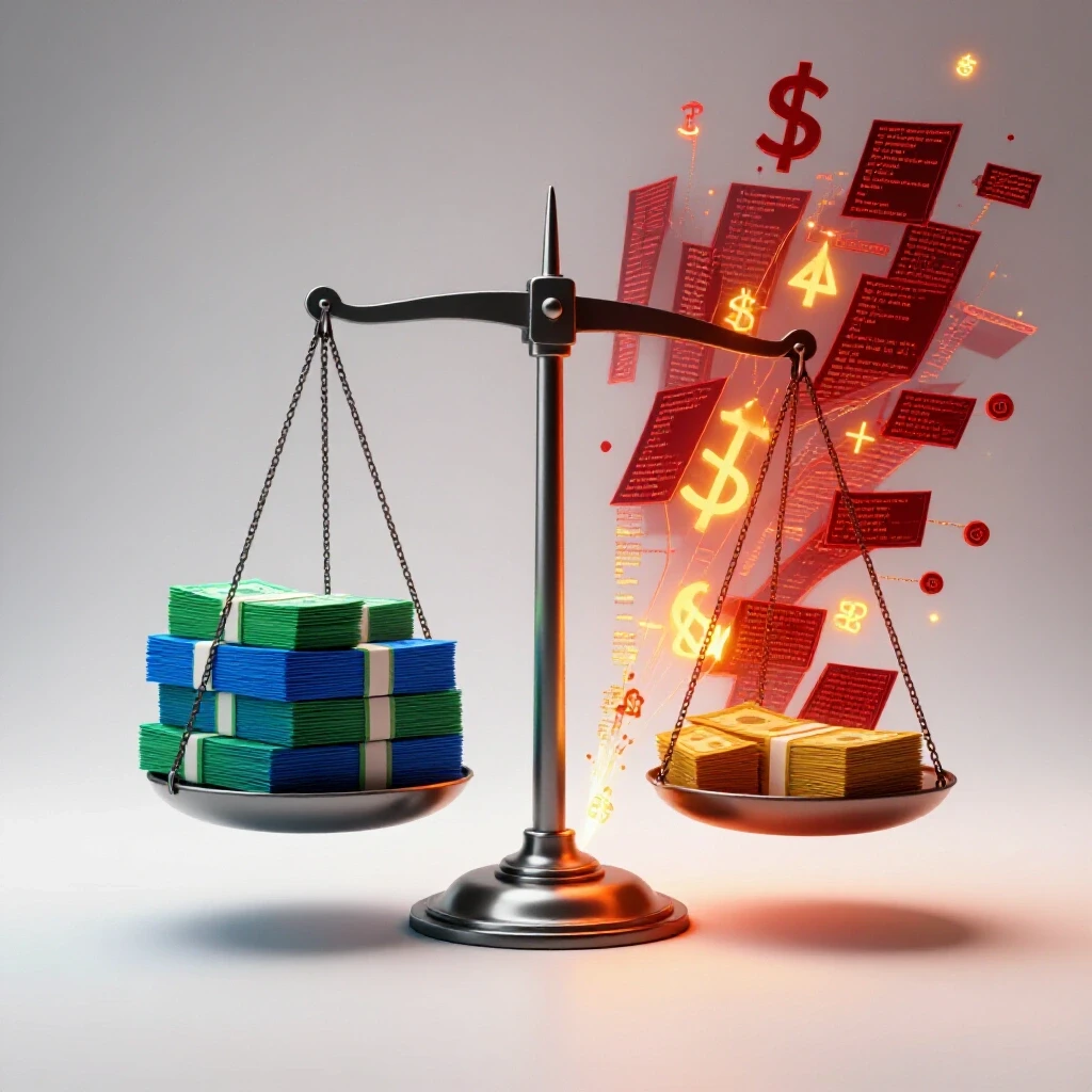 Split scene showing heavy stacks of cash weighing down a scale opposite glowing coding symbols and digital pathways.