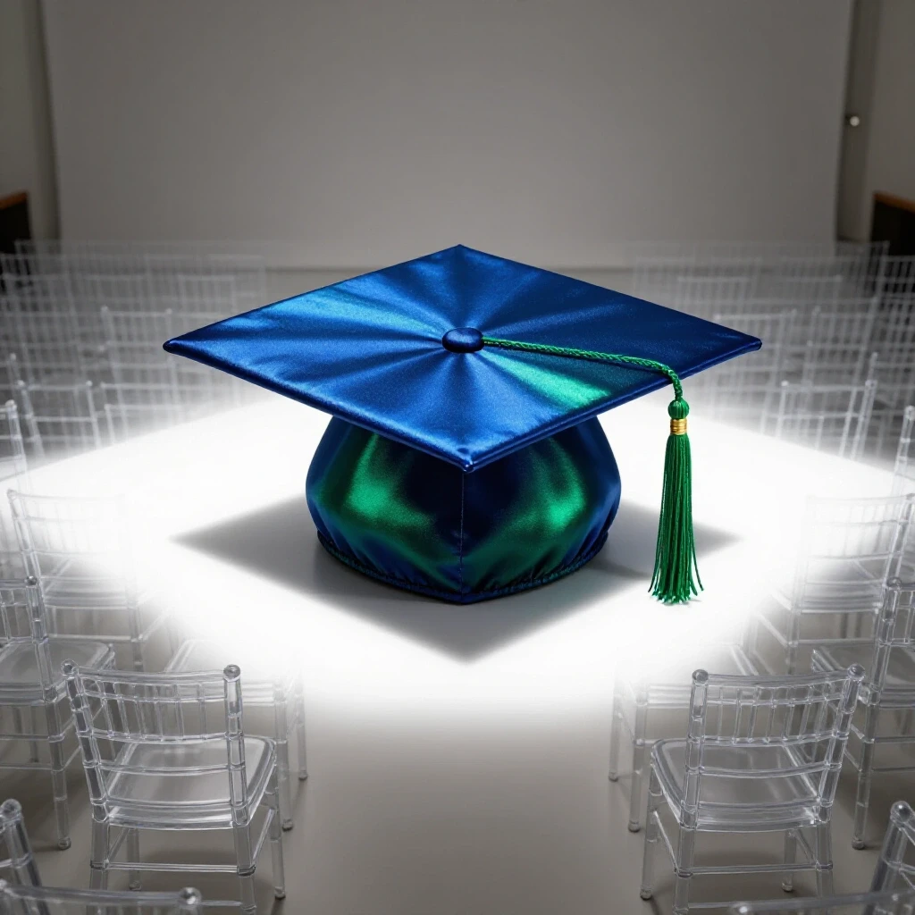 Single graduation cap centered among rows of empty chairs on a bright, white background
