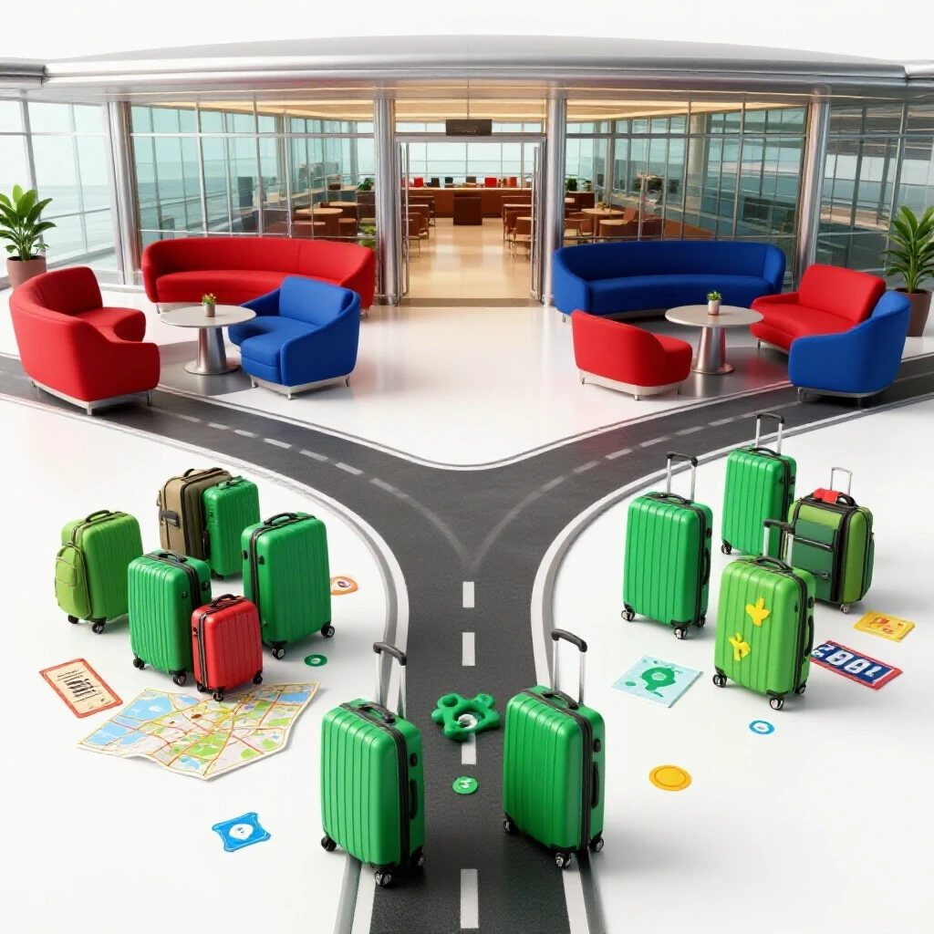 Crossroads scene with one path leading to a lavish empty airport lounge, the other to a colorful group of budget travelers, set on a bright white background.