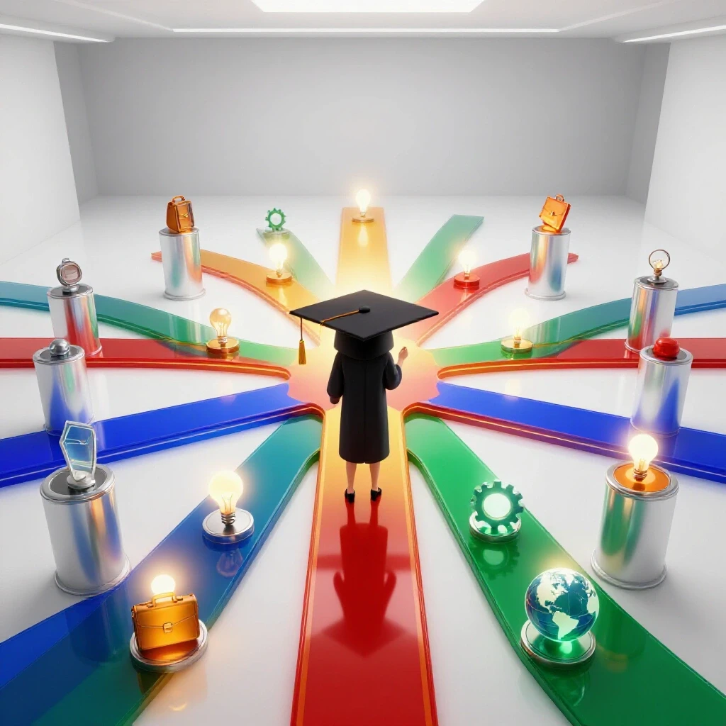 Bright conference hall scene with radiant graduation cap at crossroads, vibrant paths branch to spotlighted career symbols.