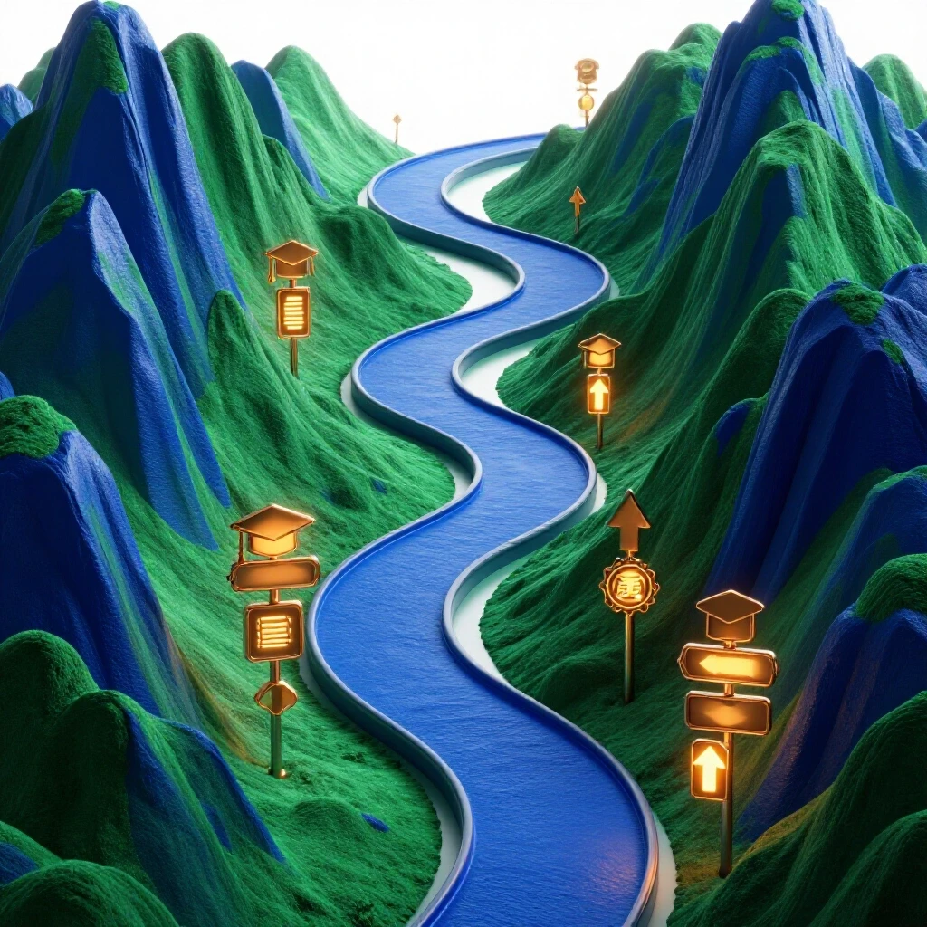 A winding, brightly lit path with colorful peaks and valleys, glowing signposts, and ascending symbolic icons on a white background.