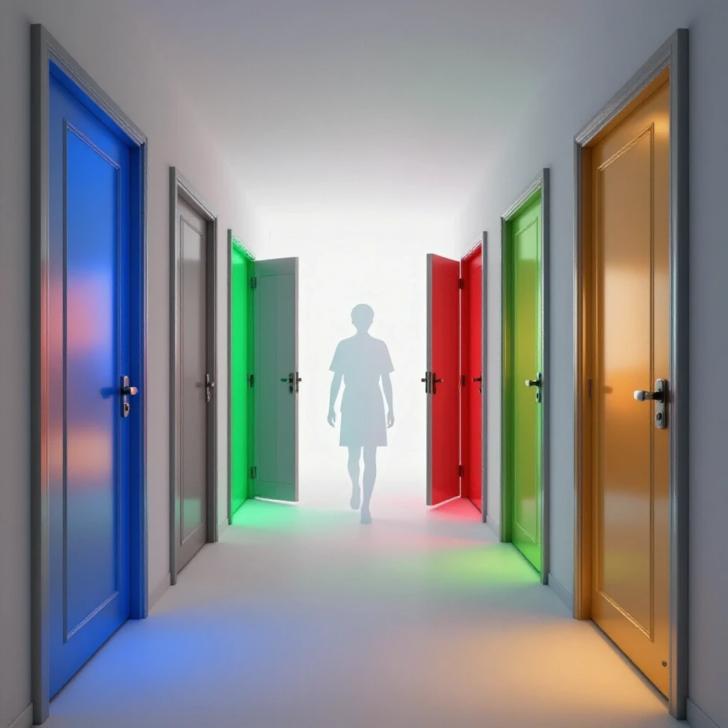 Colorful glowing doors line a bright corridor, symbolizing student privacy and hidden opportunities in college.