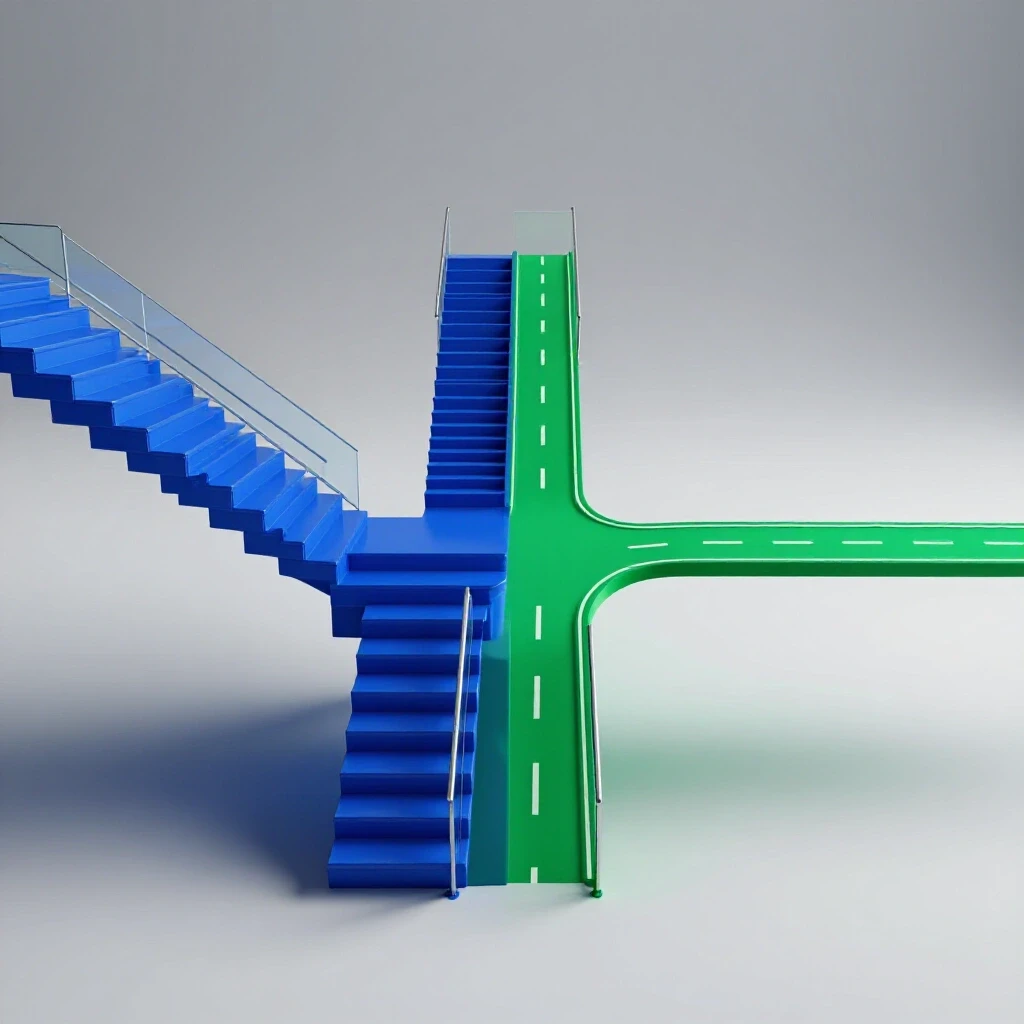 Two diverging paths—an ascending blue staircase and a branching green road—on a bright background symbolize education choices.