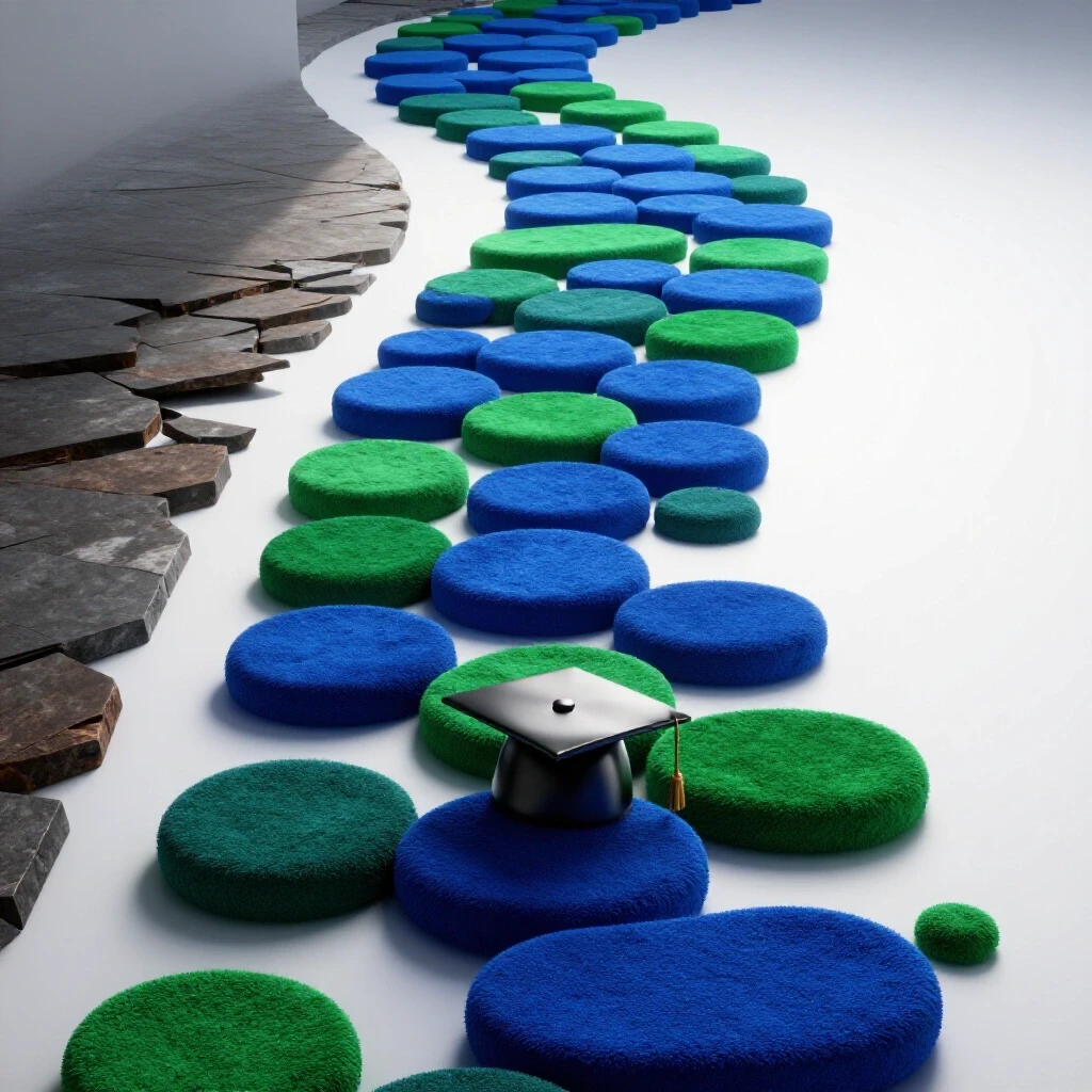 Illuminated stepping stones forming a central pathway, contrasted by a fragmented side path, symbolizing steady college progress and obstacles.