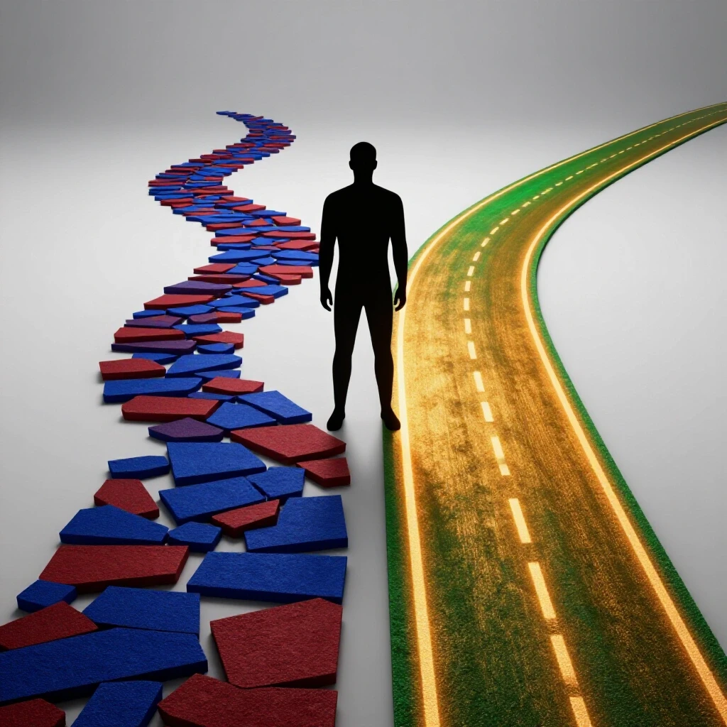 Abstract figure stands at the division between a fragmented multi-colored path and a solid, vibrant illuminated road.