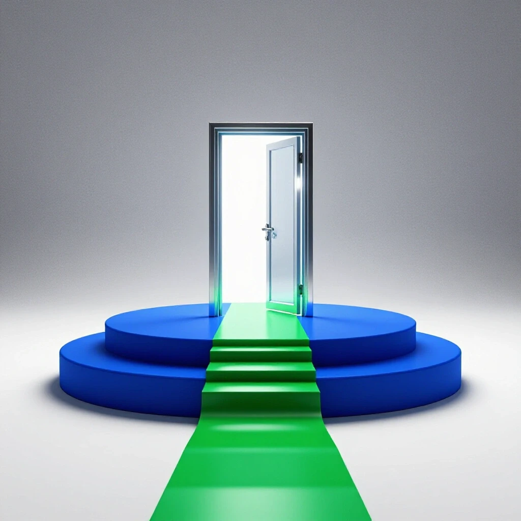 A shadowy blue platform transitions into a glossy green path leading to a luminous open door, symbolizing career advancement.