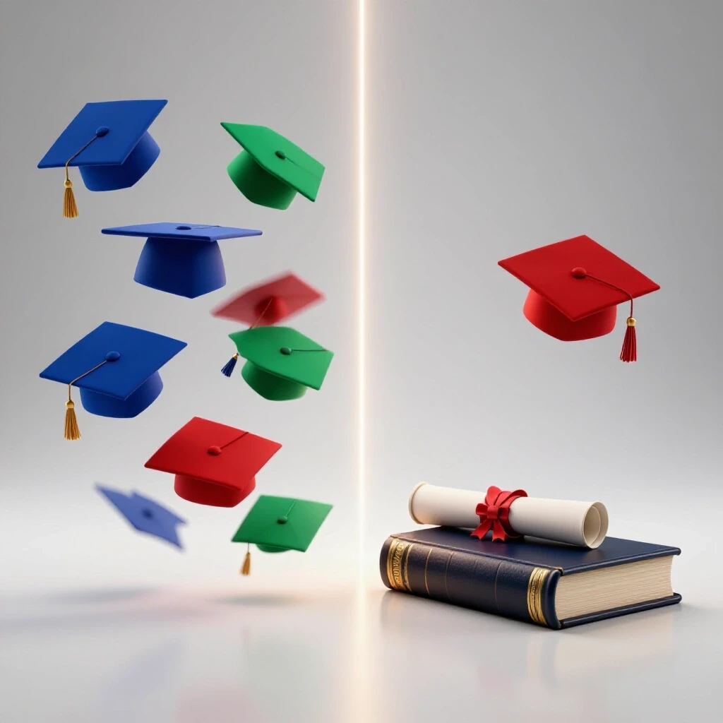 Graduation caps in vibrant colors tossed in the air beside a formal diploma and book, divided by soft glow.
