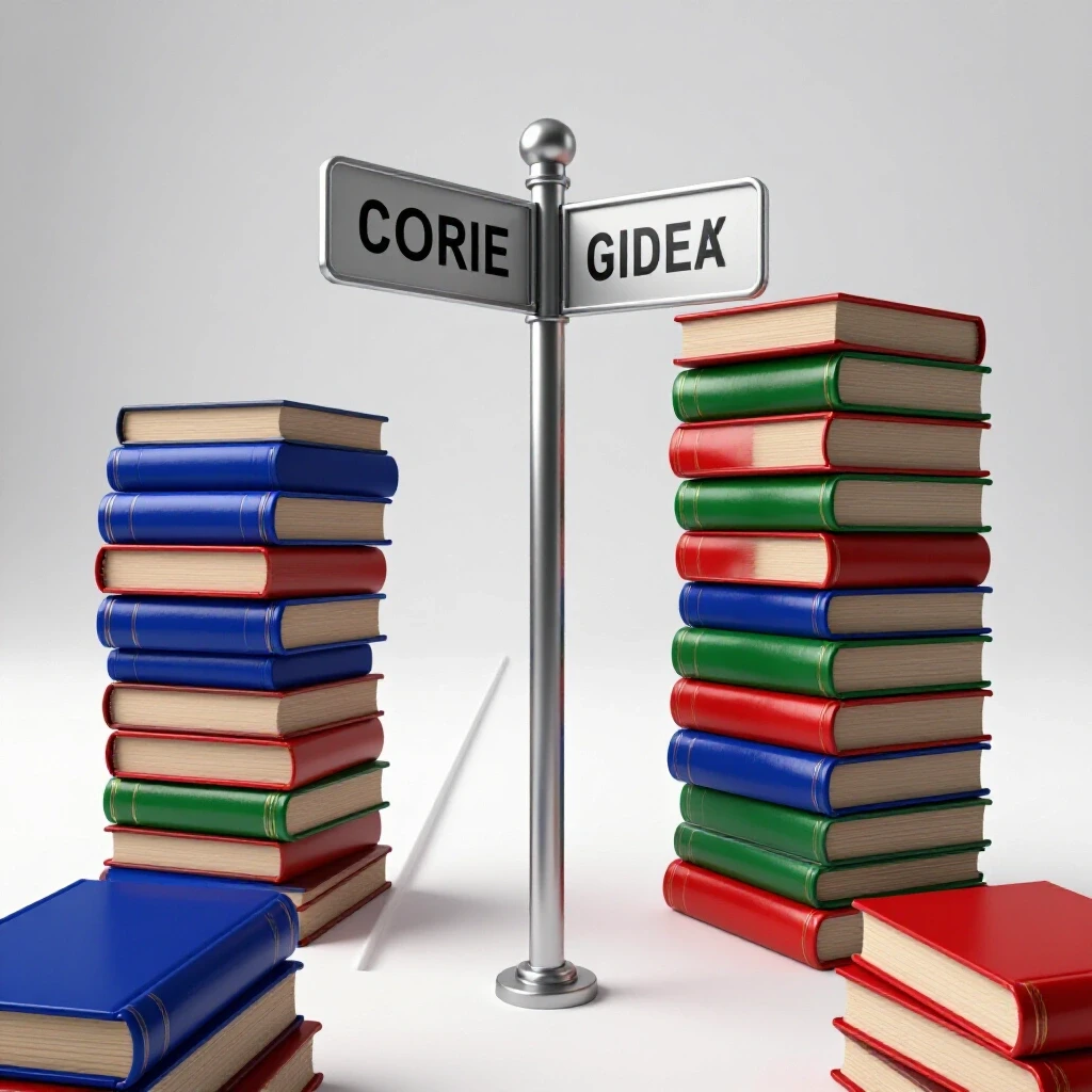 At a luminous crossroads, stacked books block one path while a clear path invites forward progress.