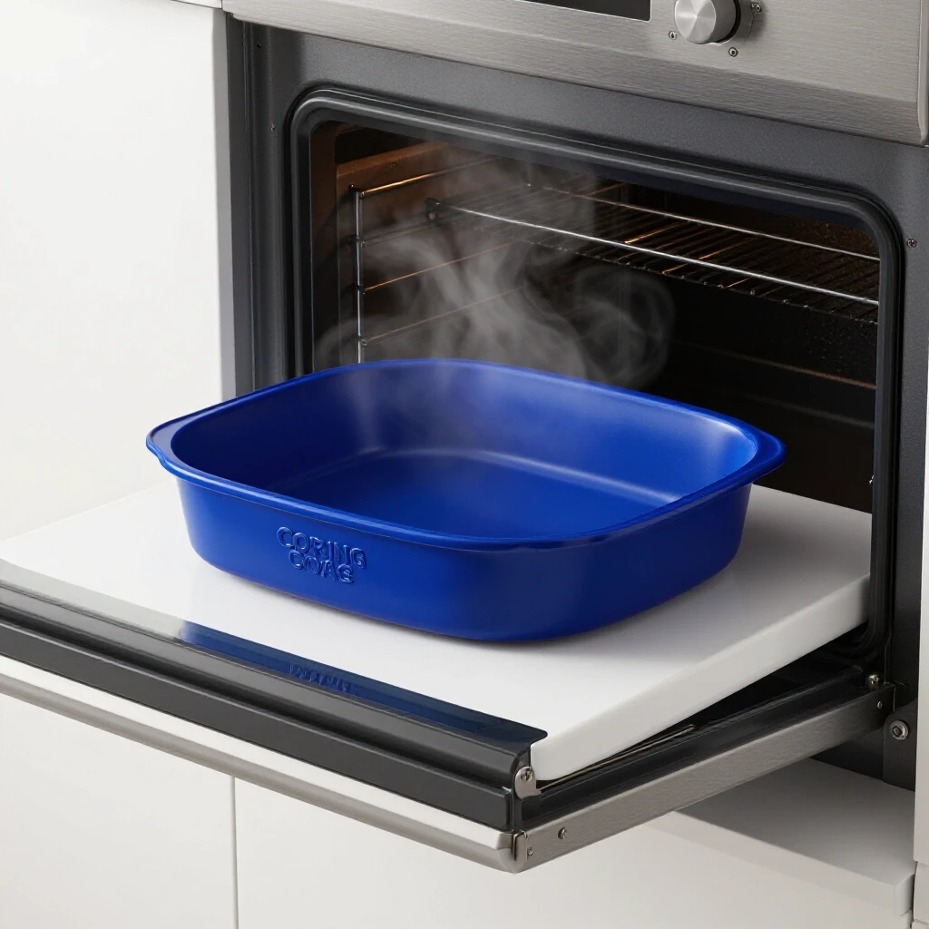 Glossy royal blue Corningware dish poised between a white kitchen counter and open oven, glowing with heat.