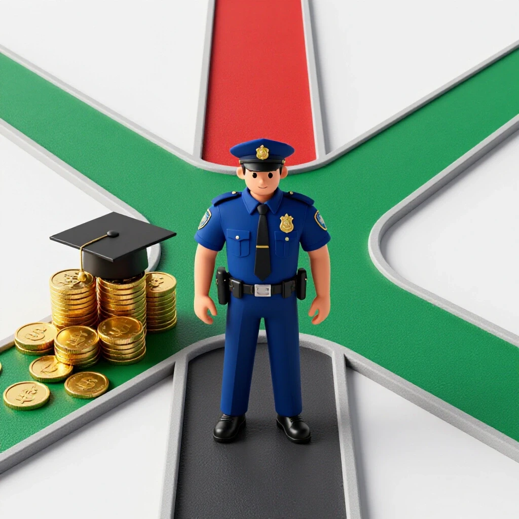 Correctional officer badge at a crossroads, one path rising toward coins and a graduation cap, symbolizing pay increase with education.