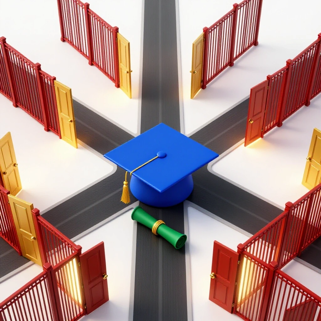 Glossy graduation cap and diploma at a crossroads with bright open doors on one path and shadowy gates on the other.