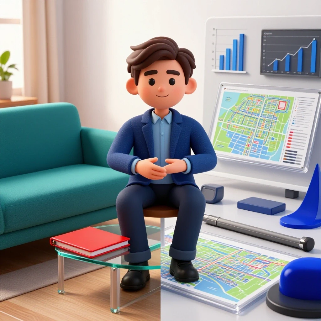 Split scene showing a cozy office with guidance symbols on one side and a professional workspace with charts and campus maps on the other, both in vivid colors.