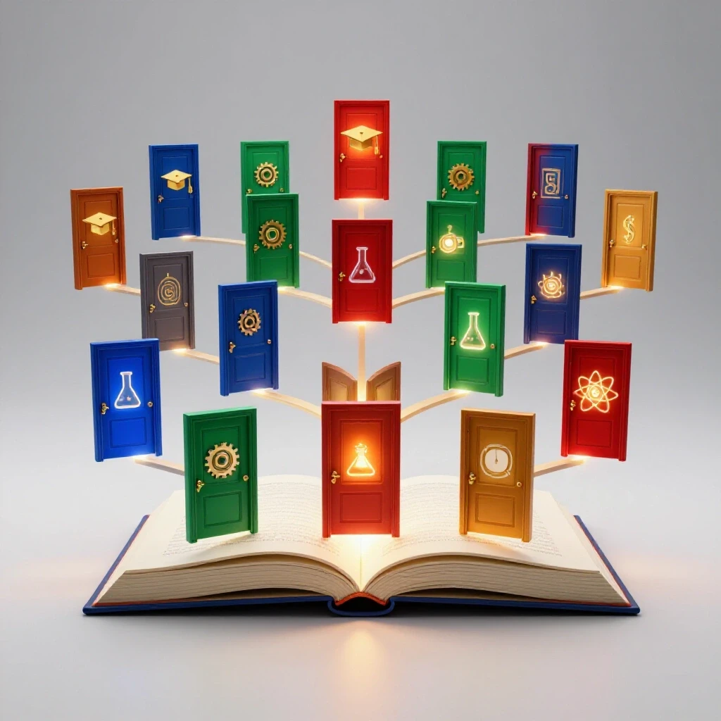 Open glowing book at center morphs into branching paths with doors to vibrant academic symbols on white background.