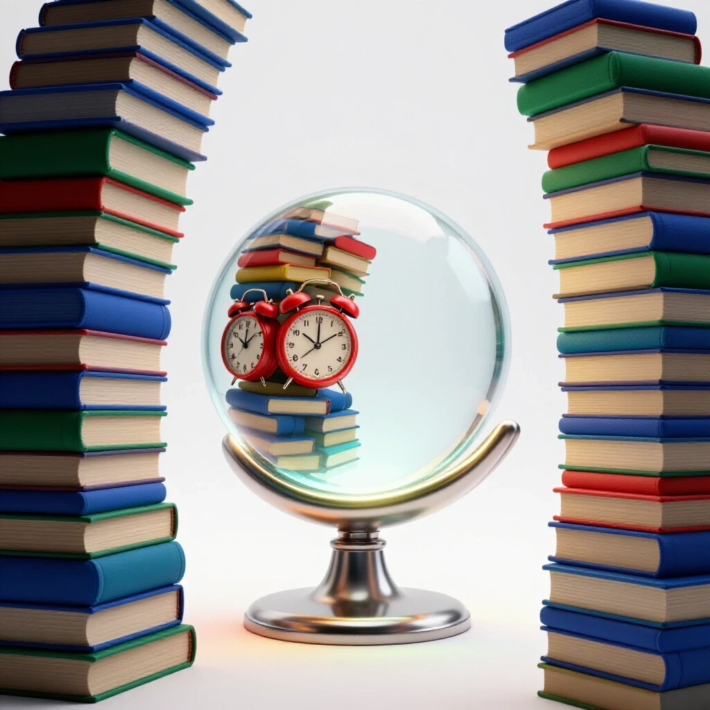 A symbolic student figure balances a tall stack of colorful books and clocks in one hand, with a calming empty space on the other side, highlighted against a bright background.