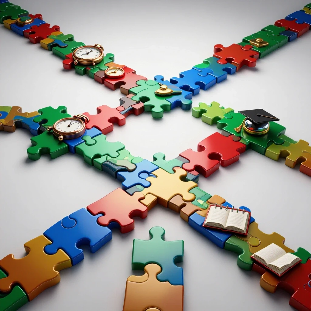 Colorful puzzle pathway with academic symbols like a clock and graduation cap on a bright studio background.