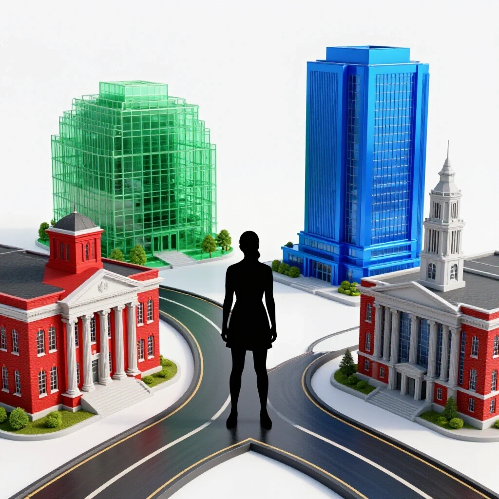 A confident student figure stands at a fork in the road, each path leading to distinct, colorful academic buildings under bright lighting.