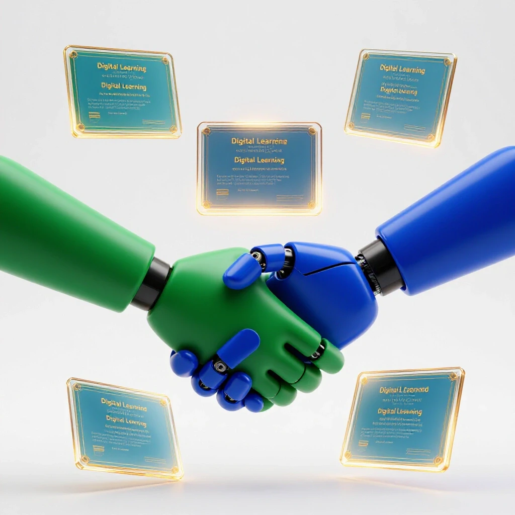 A robotic arm and a human hand shaking, with glowing digital certificates floating between them on a bright white background.
