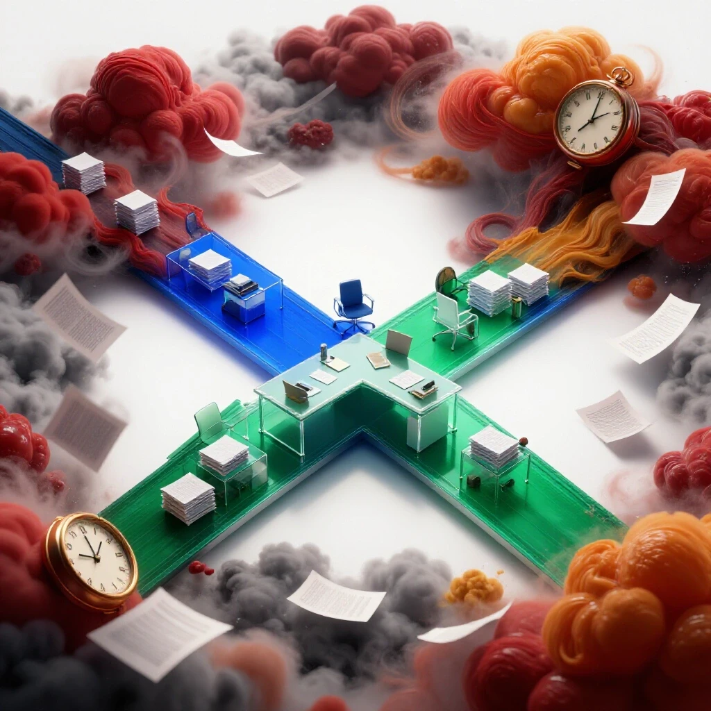 A crossroads with one path to a sunlit organized office and another into a stormy scene of swirling papers and clocks, symbolizing CPA career outcomes.