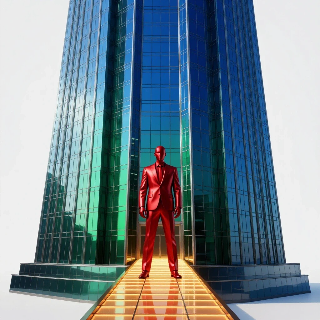 Glossy skyscraper with glowing pathway and stylized professional at entrance, symbolizing CPA career growth
