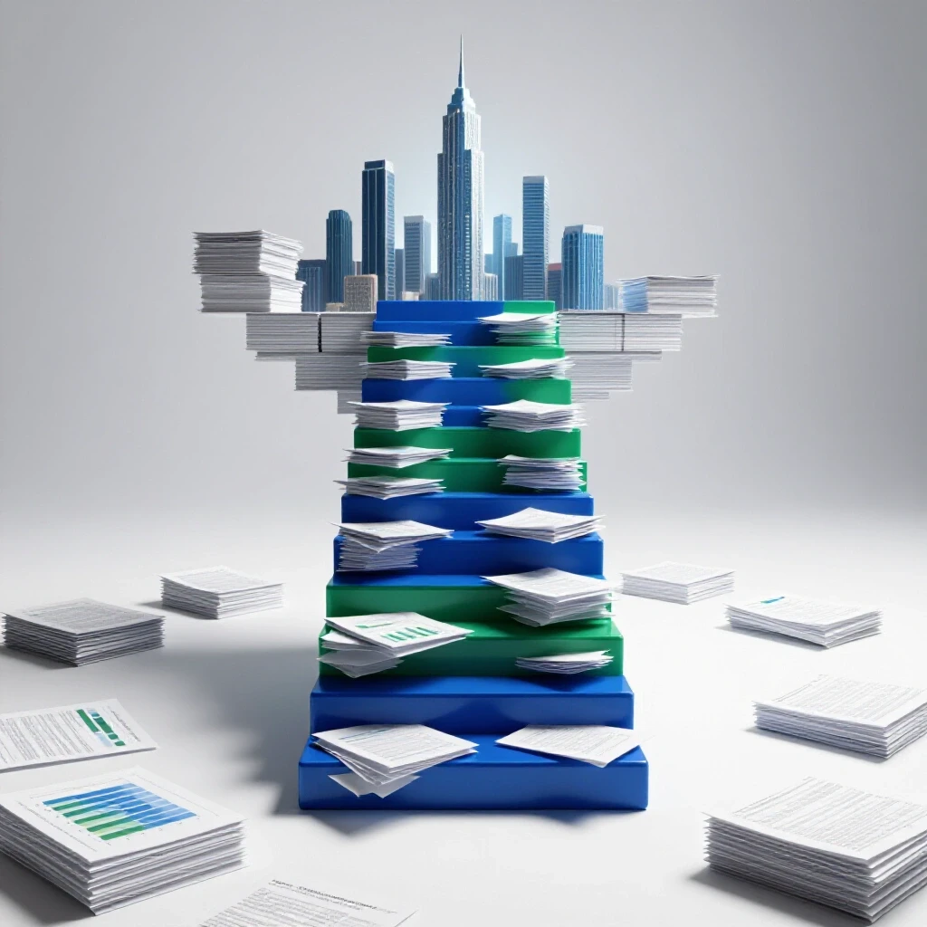 A staircase made of financial documents and charts leads upward toward a bright office skyline, symbolizing CPA career progression.