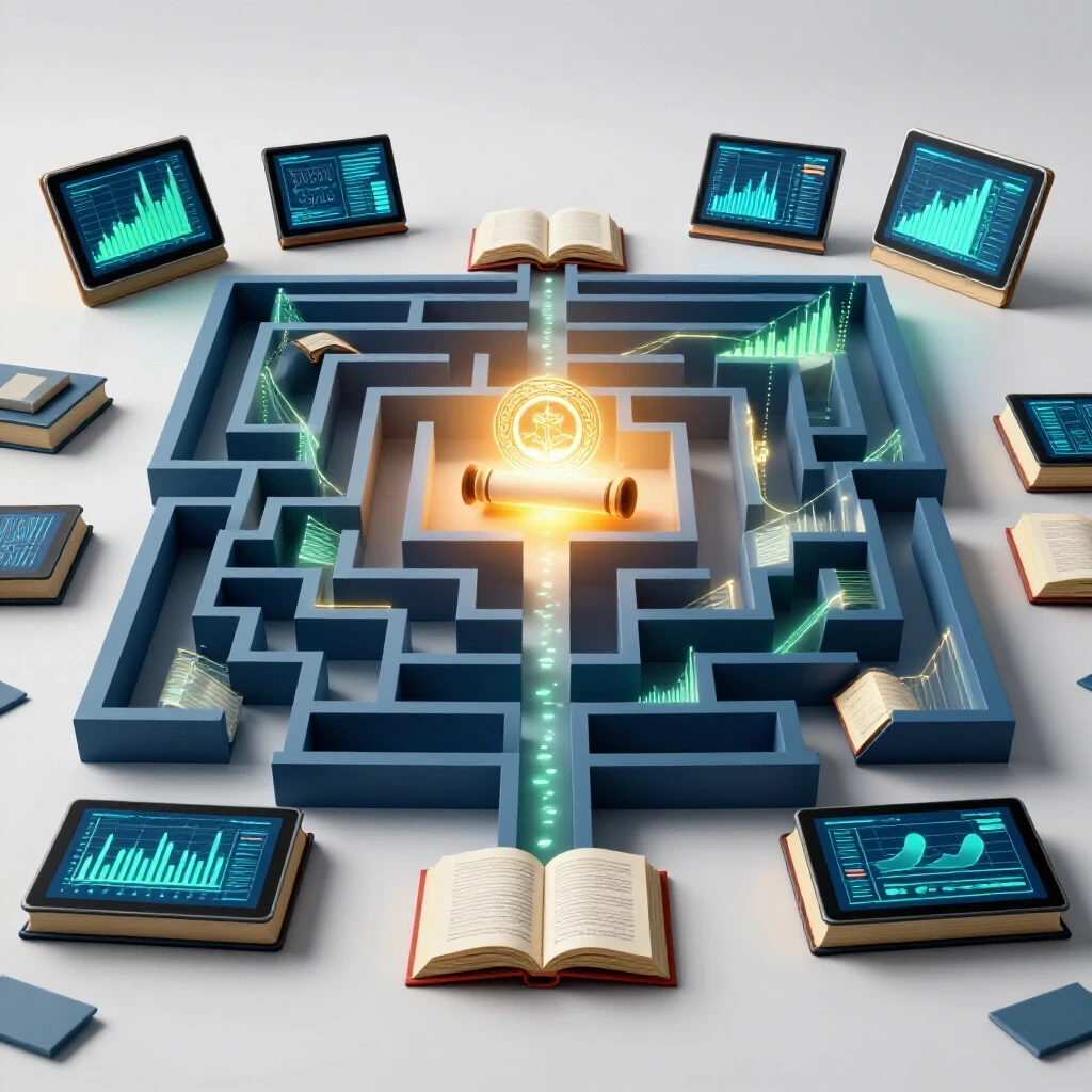 A maze of open books and digital screens with glowing data graphs, leading to a radiant certification at the center.