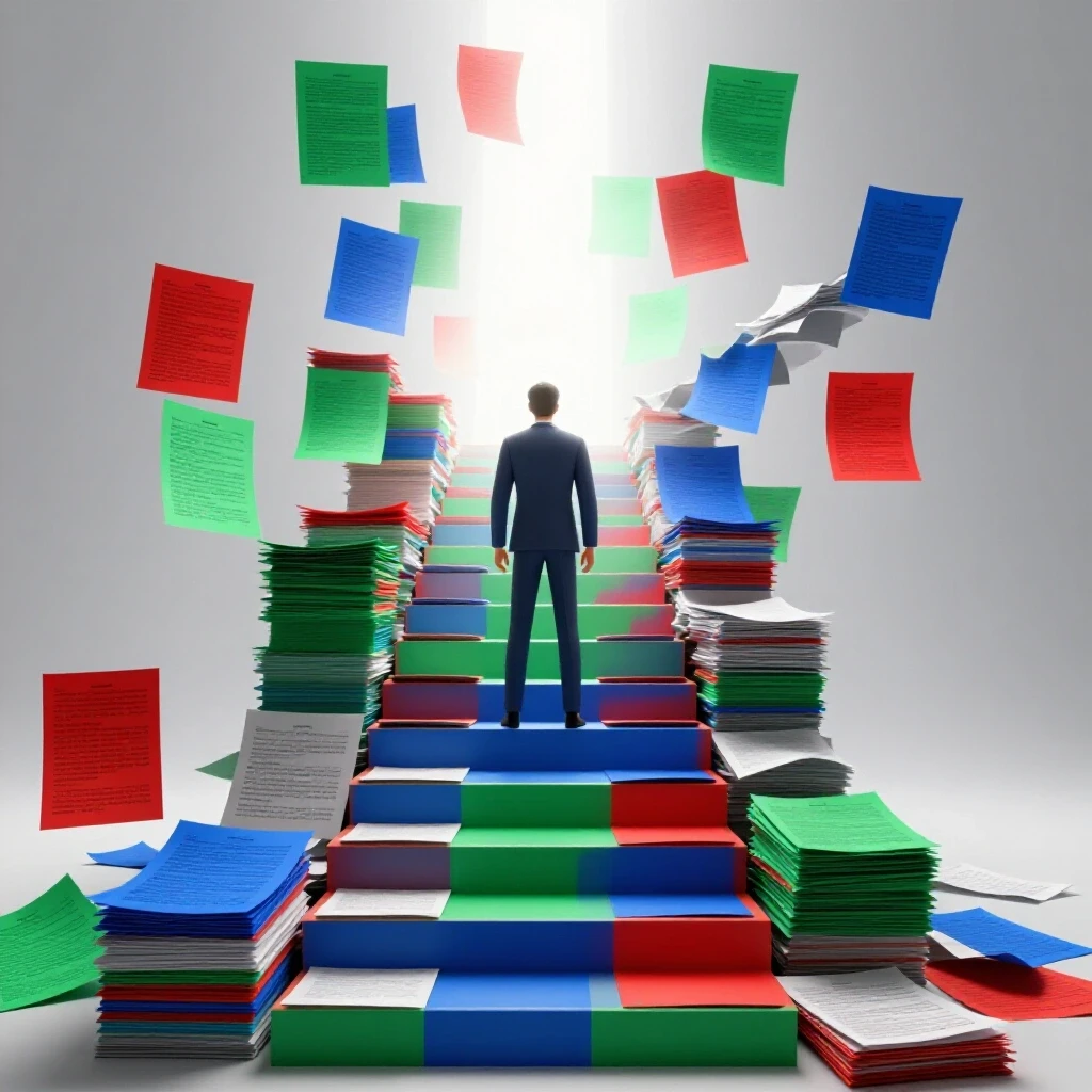 A staircase of oversized colored exam papers with torn sheets at the base, leading to a bright light above, symbolizing perseverance after setbacks.