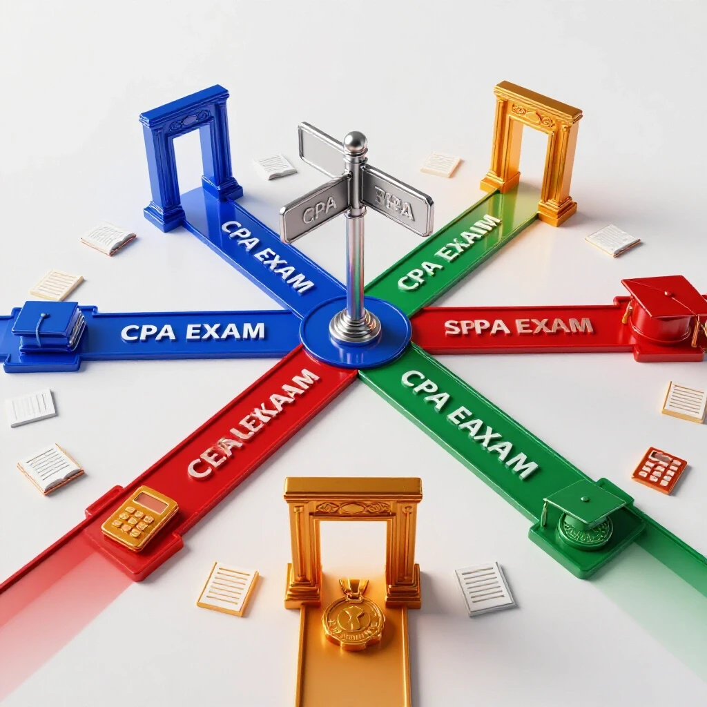 A crossroads with four colorful gateways and study symbols on a bright background, symbolizing CPA exam paths.