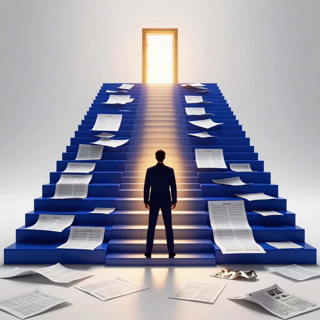 A determined figure faces a staircase of oversized exam papers leading up to a glowing doorway, symbolizing CPA exam retake success.
