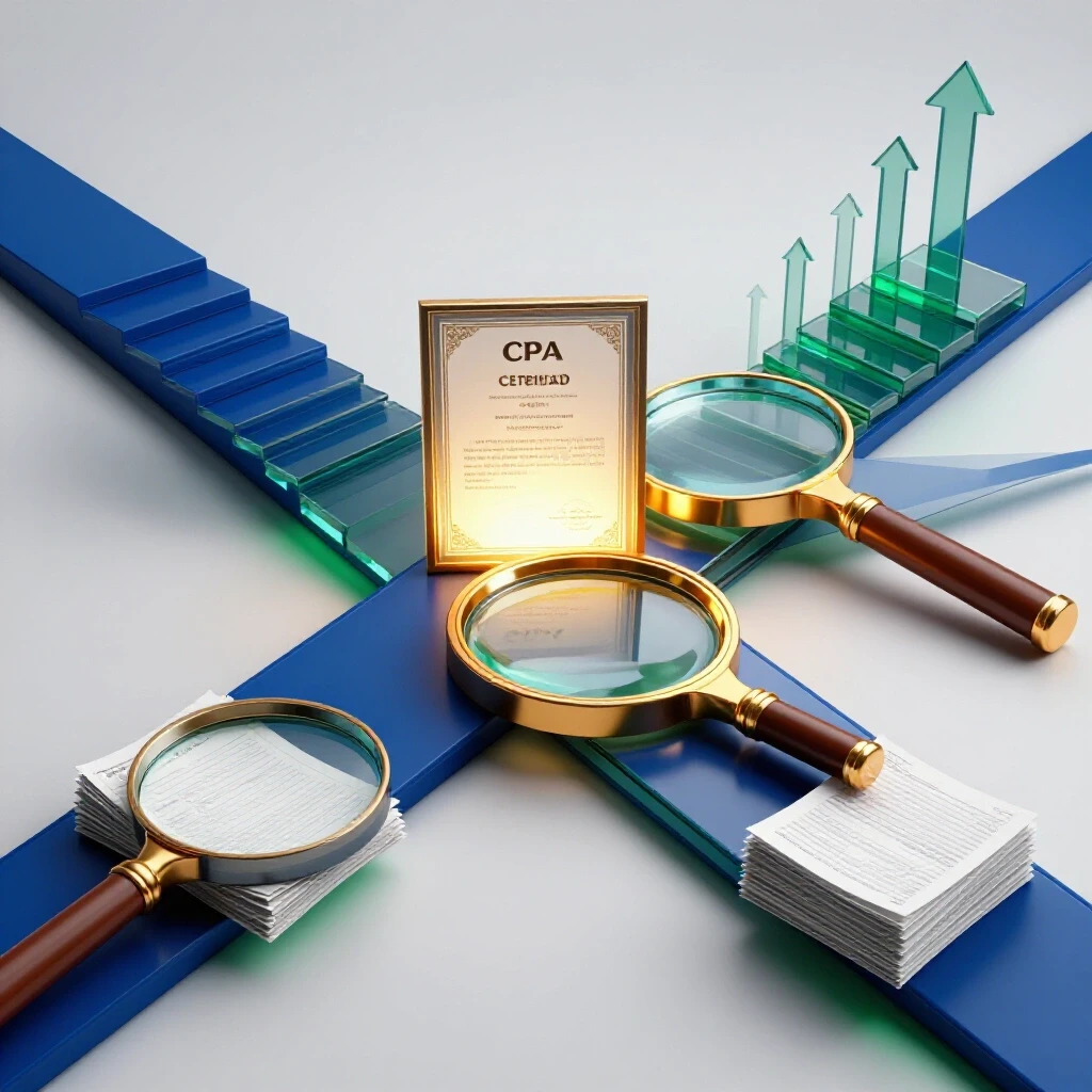 A crossroads with ascending steps to a glowing CPA certificate and a magnifying glass over financial documents, set against a backdrop of upward financial growth symbols.