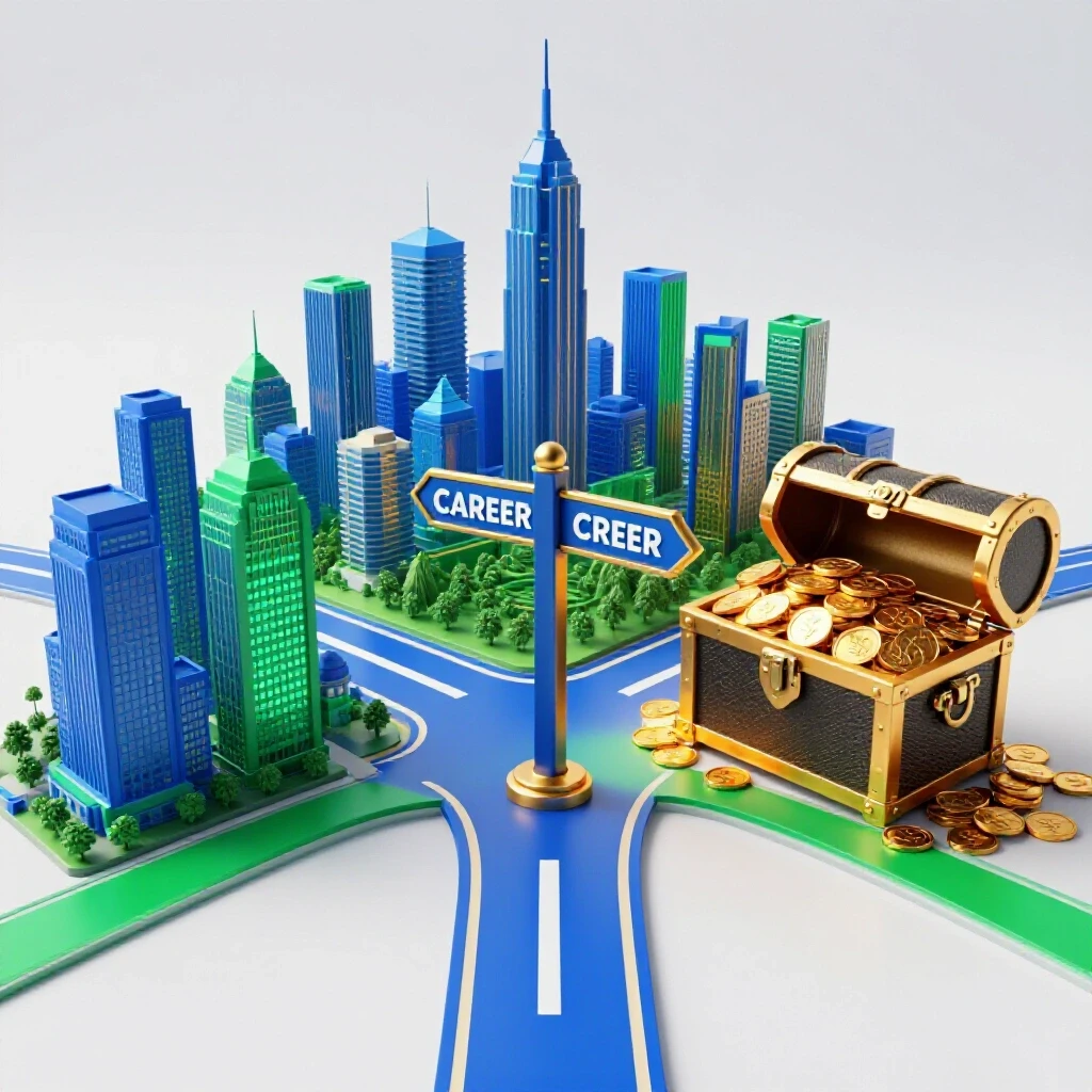 A bright crossroads scene with a glowing city on one path, a treasure chest of coins on the other, and a clear professional choice symbolized.
