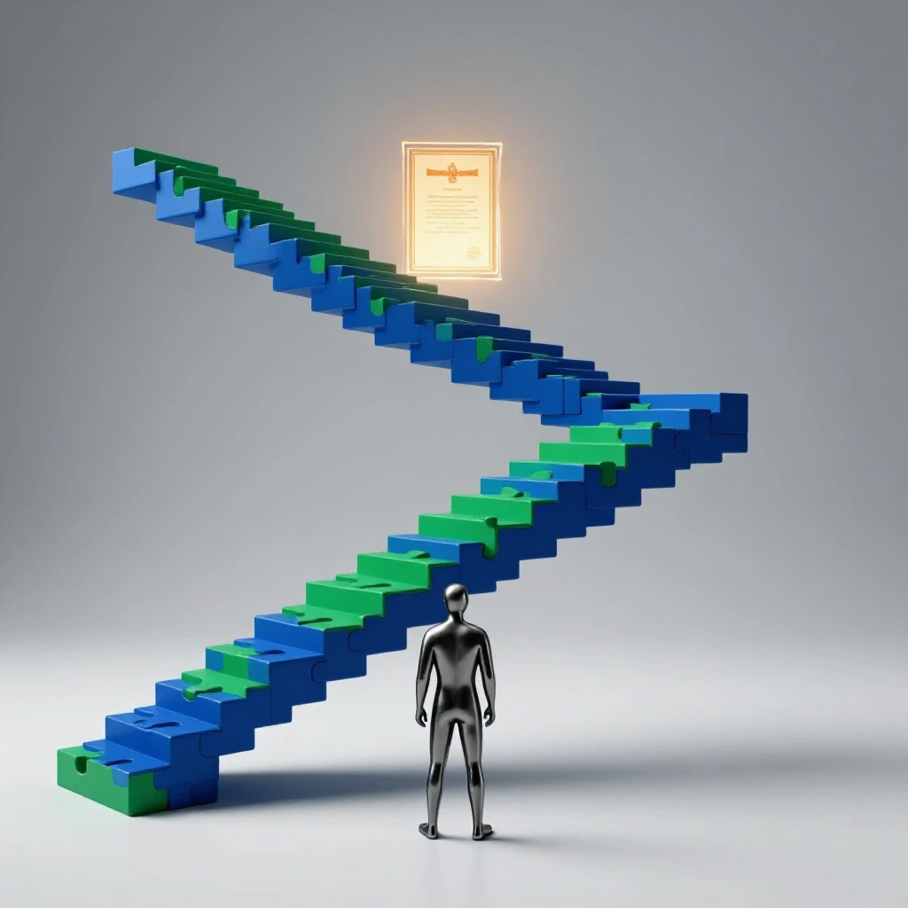 A glowing certificate at the top of a puzzle-piece staircase, symbolizing the CPA path for adults.