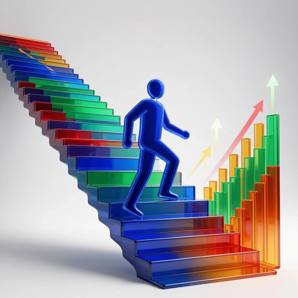 A staircase made of colorful data charts and timelines with glowing arrows, symbolizing career progression.