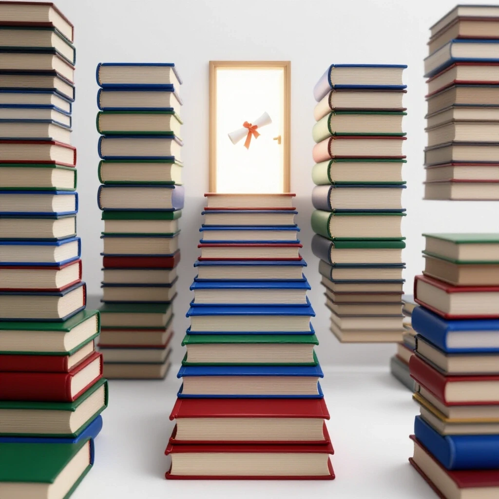 A staircase of vibrant textbooks leads to a glowing diploma doorway, symbolizing exam success in a bright studio setting.