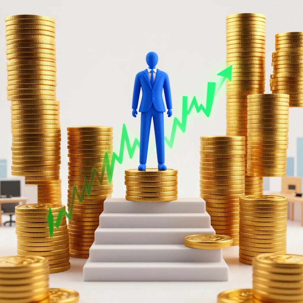 Golden coin staircase leading to a financial graph, symbolizing career and salary growth in a modern office setting.