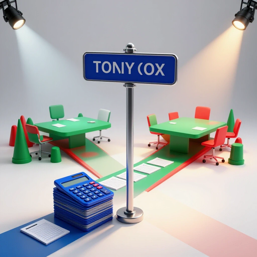 Vivid crossroads scene featuring a path of calculators and spreadsheets diverging to an inviting boardroom table.