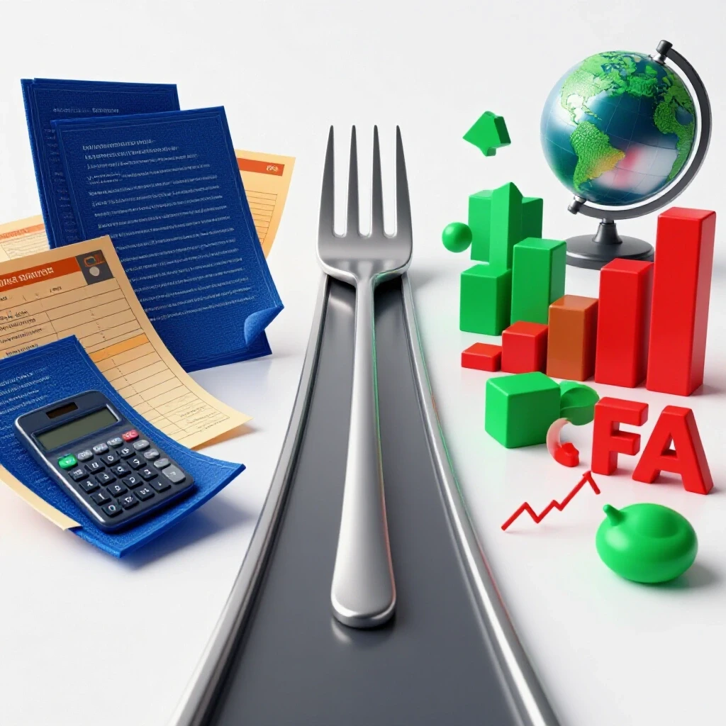 A vibrant forked path with financial documents and a calculator on one side, and colorful graphs with a globe on the other, set in a bright, clean studio layout.