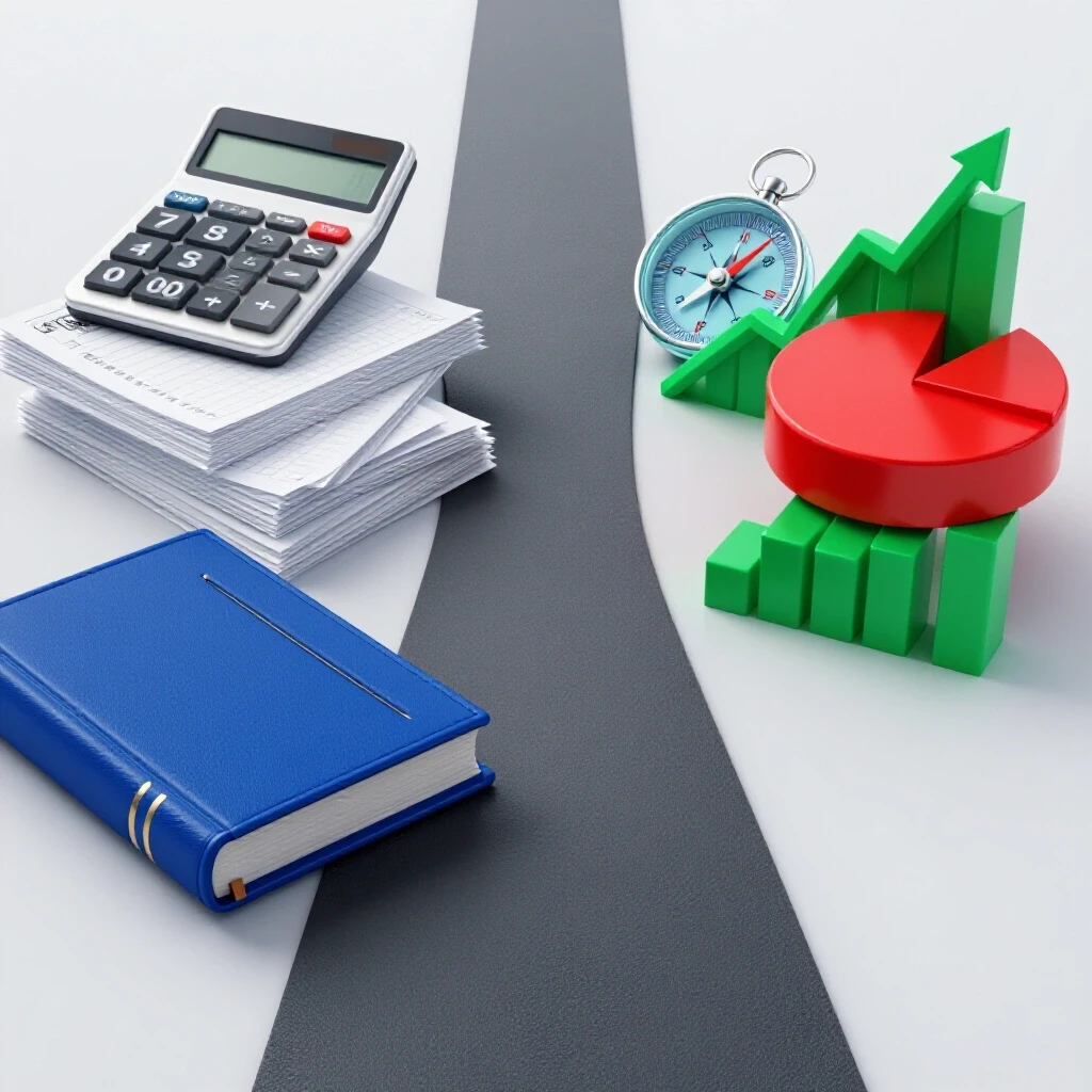 Diverging pathway with accounting symbols on one side and financial planning icons on the other, set against a luminous studio background.