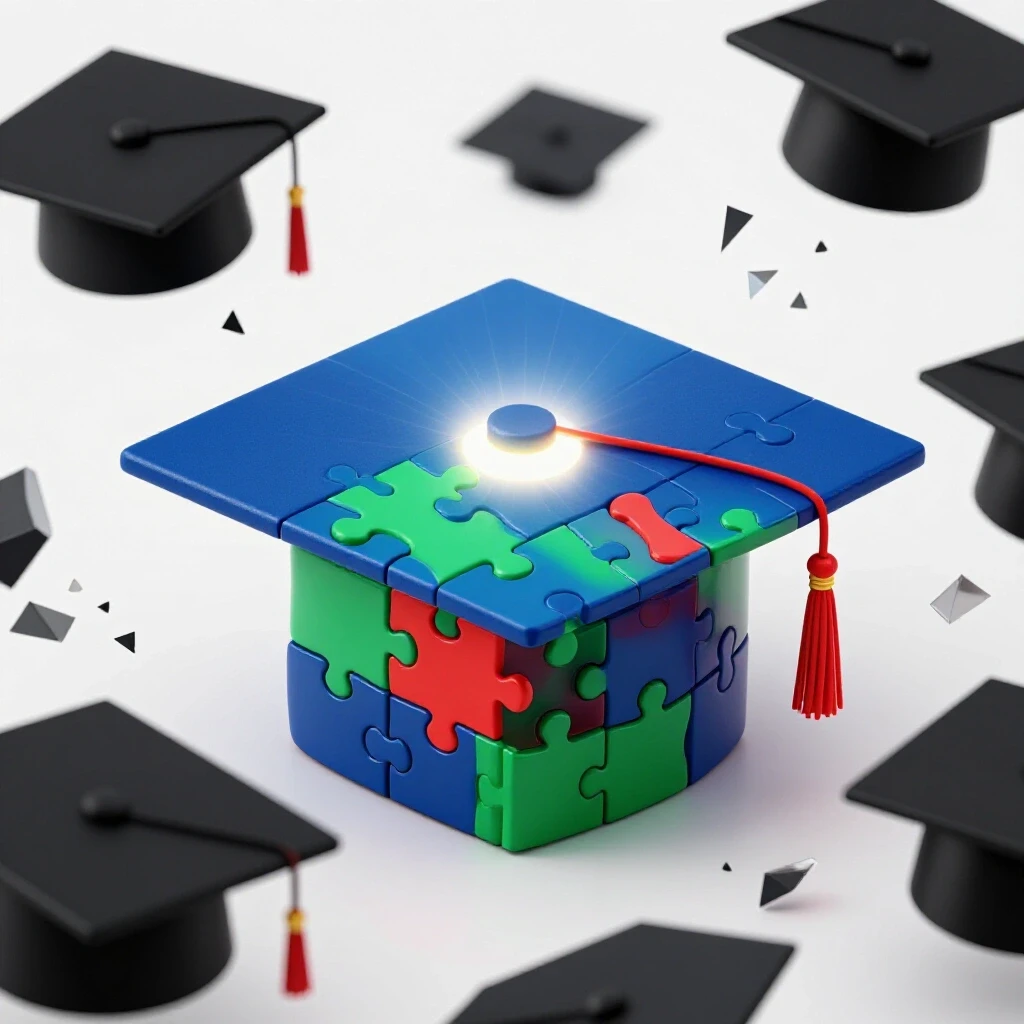 Vivid puzzle pieces assemble into a glowing modern graduation cap while traditional caps shatter in the background.
