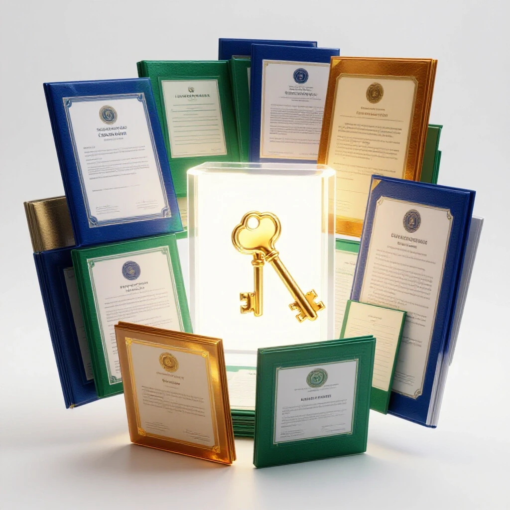 Deeply colored academic documents transforming into a luminous key unlocking an abstract glowing gateway