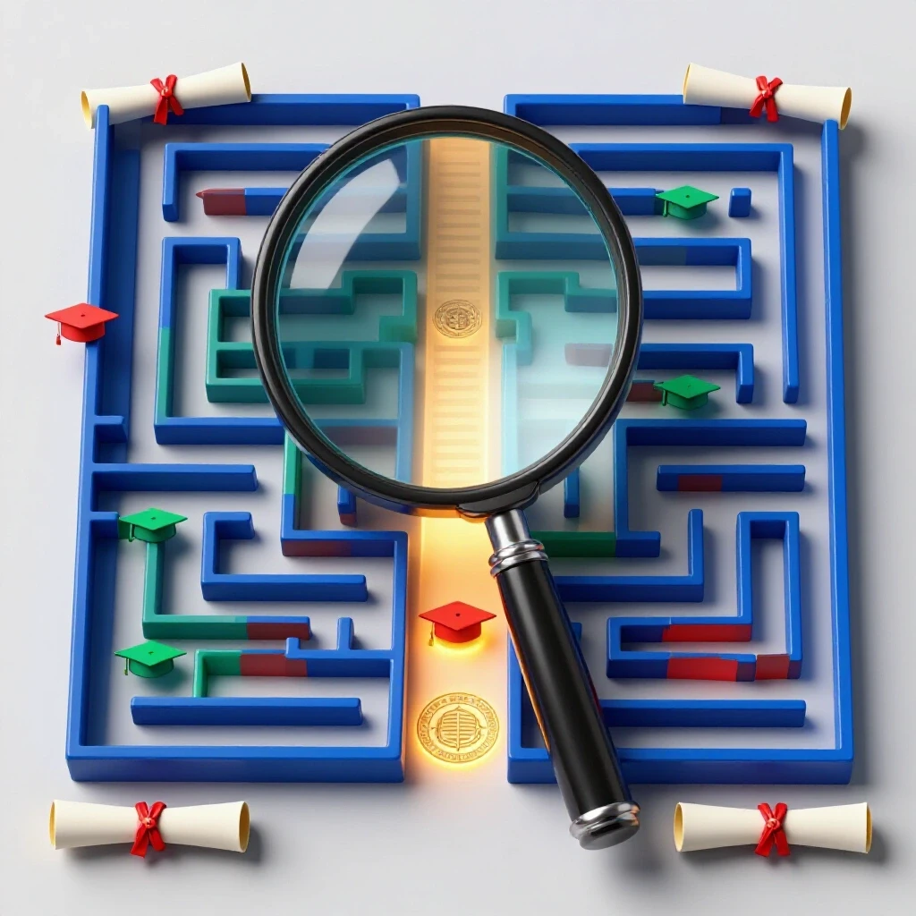 A magnifying glass highlights a maze of colorful diplomas, certificates, and academic symbols with a glowing pathway.