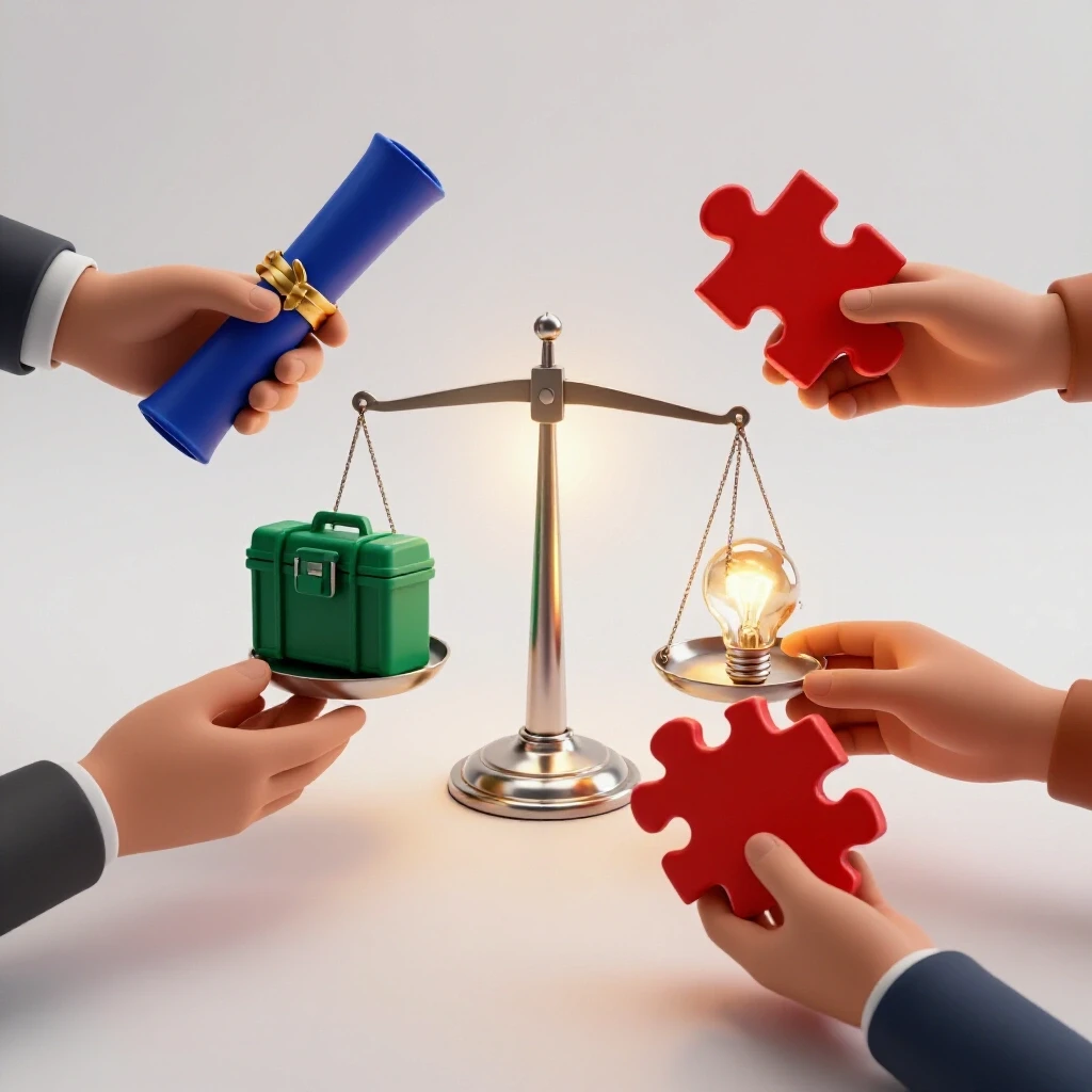 Four hands holding a diploma, toolbox, lightbulb, and puzzle piece reach to a radiant balance scale on a bright white background.