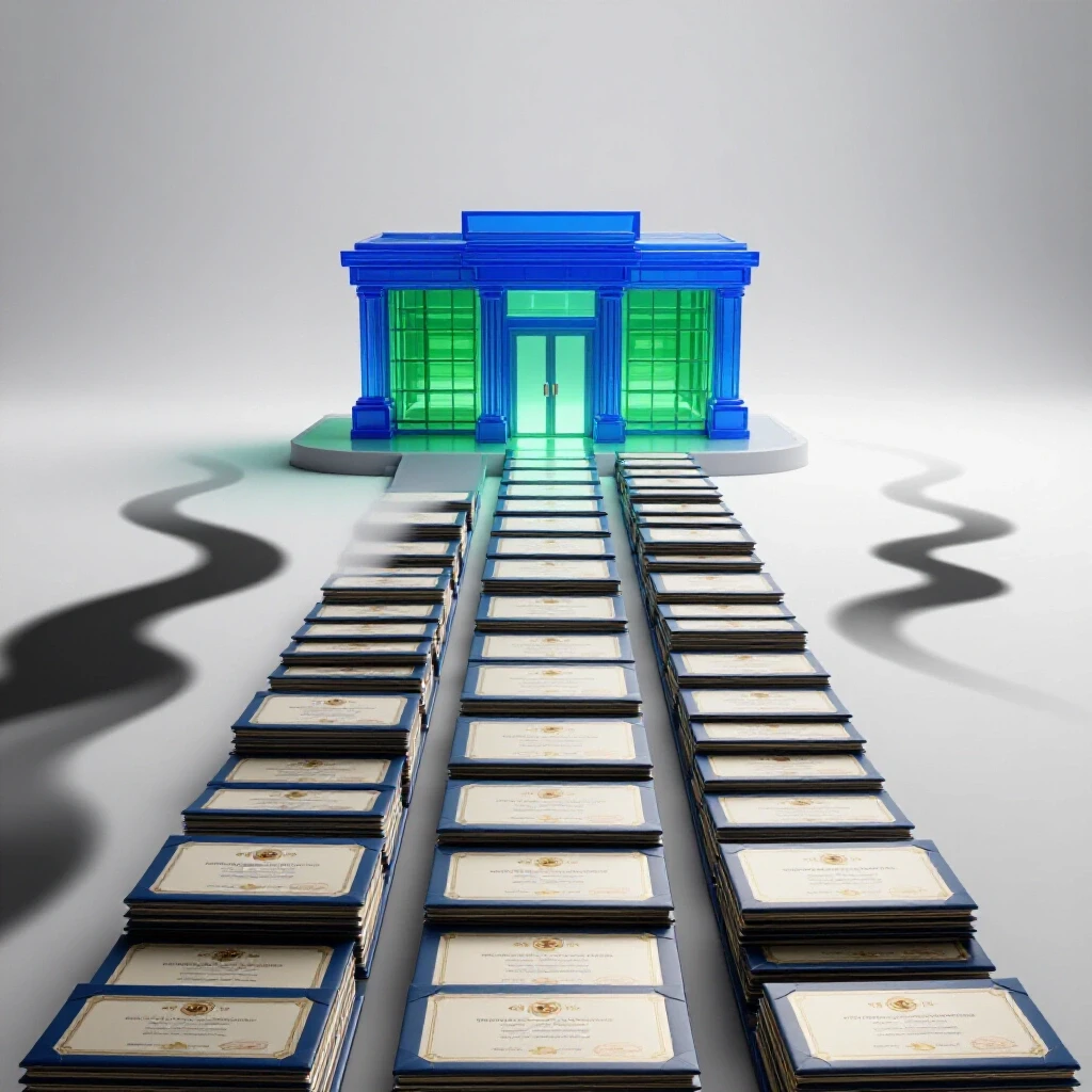 A winding path of diplomas and certificates leads to a glowing hospital entrance, with uncertain shadowy paths branching away.
