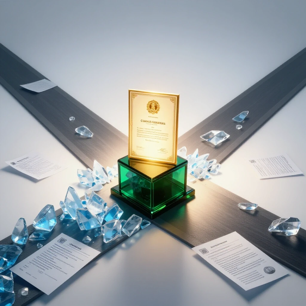 A crossroads with icy obstacles and resumes blocking one path, while a glowing diploma shines under a spotlight on the other path, highlighting choices in career credential evaluation.